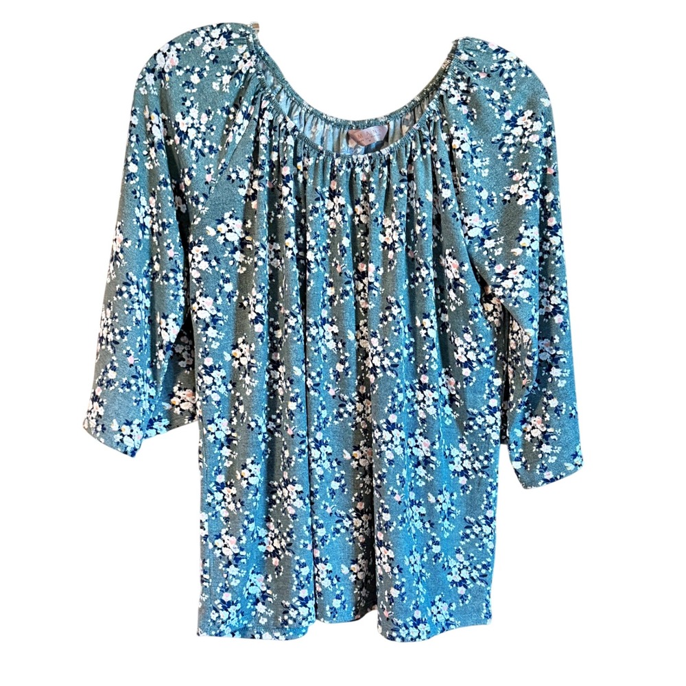 AMANDA Sz Medium Women's Green‎ Floral Print Off Shoulder 3/4 Sleeve Top